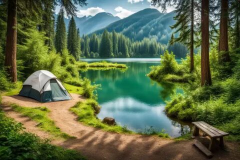 šator za kampovanje, šuma, jezero, planina u pozadini