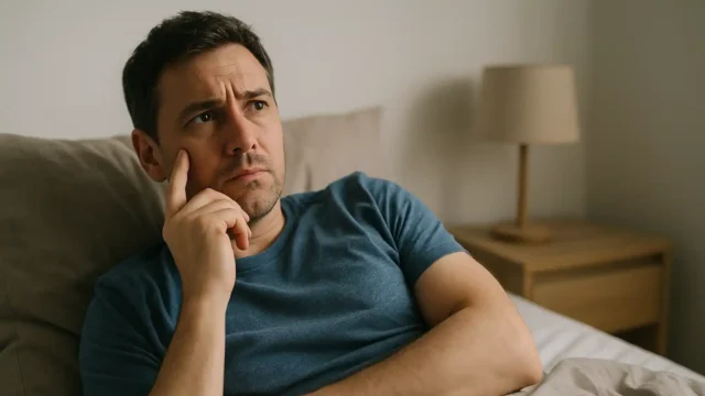 čovjek leži na krevetu, zamišljen