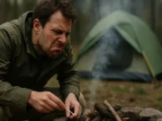 Najčešće greške početnika u kampovanju (i kako ih izbjeći) čovjek u šumi pokušava da upali kamp vatru, ali mu ne uspijeva