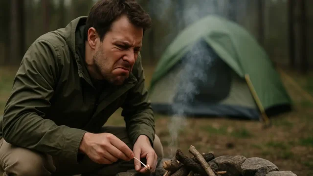 čovjek u šumi pokušava da upali kamp vatru, ali mu ne uspijeva