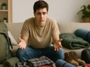 Kako prvi put kampovati – vodič korak po korak za početnike Mlad čovjek ne zna šta ponijeti na kampovanje, ispred njega se nalaze razne stvari za kampovanje