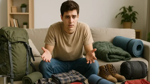 Mlad čovjek ne zna šta ponijeti na kampovanje, ispred njega se nalaze razne stvari za kampovanje