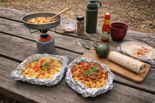 Campfire meal prep at the picnic table